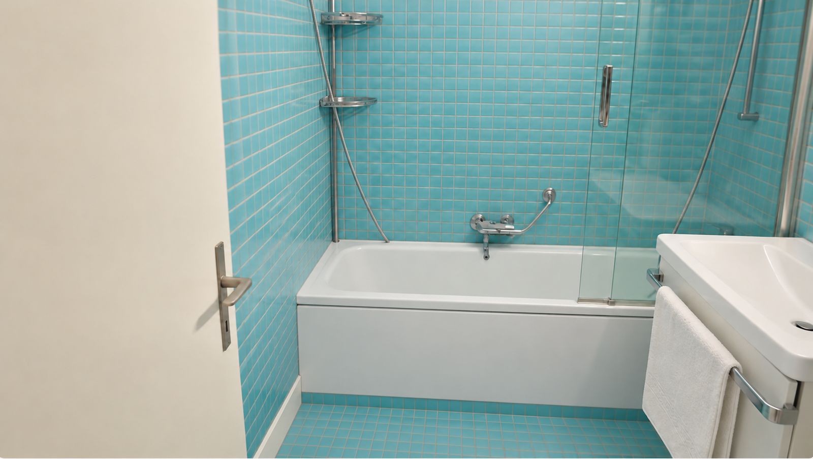Salle de bains avec baignoire et paroi de douche, photo retouchée